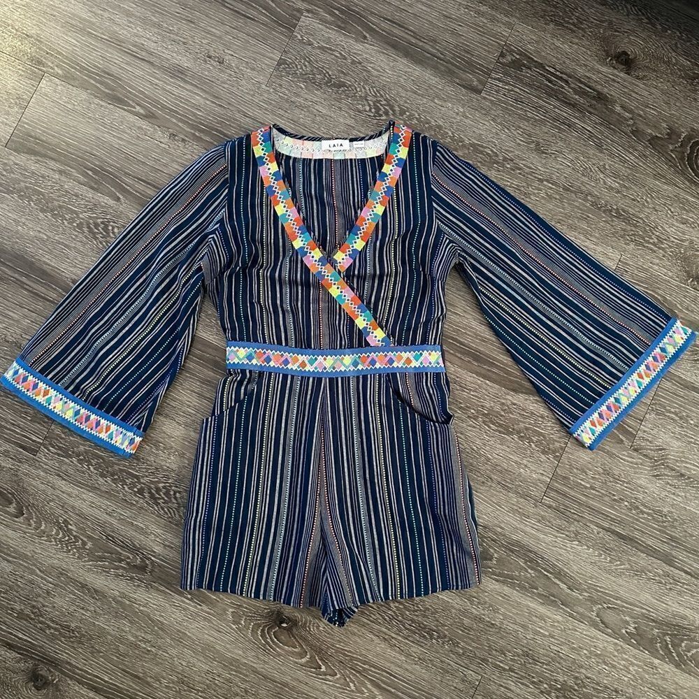 LAIA Multicolor Striped Embroidered Long Sleeve Romper